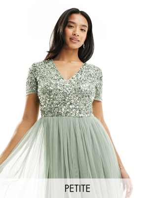 Maya Petite Bridesmaid Short Sleeve Maxi Tulle Dress With Tonal Delicate Sequins In Sage Green