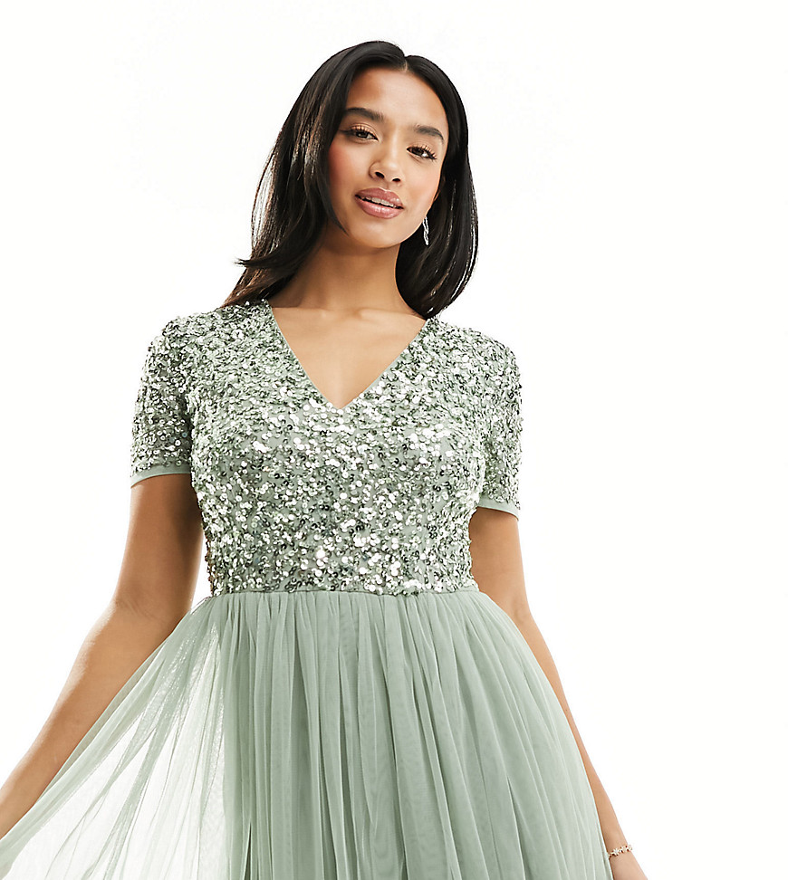 Maya Petite Bridesmaid short sleeve maxi tulle dress with tonal delicate sequins in sage green