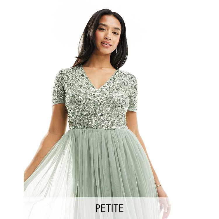 Maya Petite Bridesmaid short sleeve maxi tulle dress with tonal delicate sequins in sage green ASOS