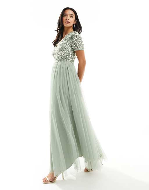 Maya Petite Bridesmaid short sleeve maxi tulle dress with tonal delicate sequins in sage green