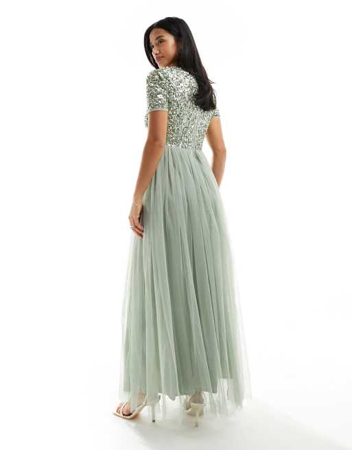 Maya Petite Bridesmaid short sleeve maxi tulle dress with tonal delicate  sequins in sage green | ASOS