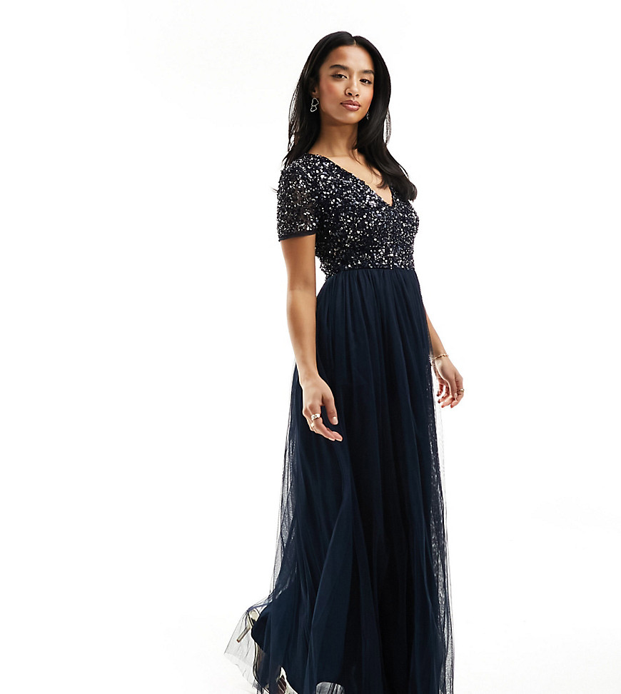 Maya Petite Bridesmaid short sleeve maxi tulle dress with tonal delicate sequins in taupe navy