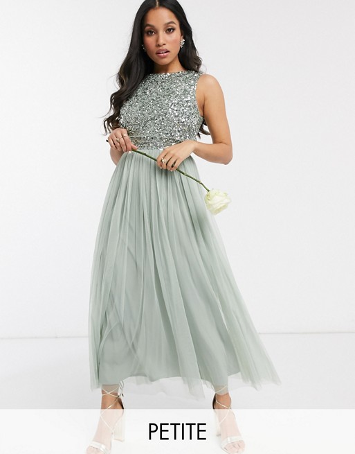 Maya Petite Bridesmaid sleeveless midaxi tulle dress with tonal delicate sequin overlay in sage green