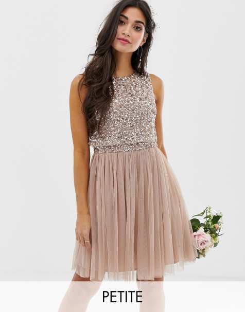 Maya Petite Bridesmaid sleeveless mini tulle dress with tonal delicate sequin overlay in taupe blush