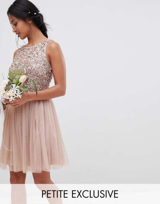 Maya Petite Bridesmaid Sleeveless Sequin Bodice Tulle Detail Mini  Bridesmaid Dress With Cutout Back | ASOS