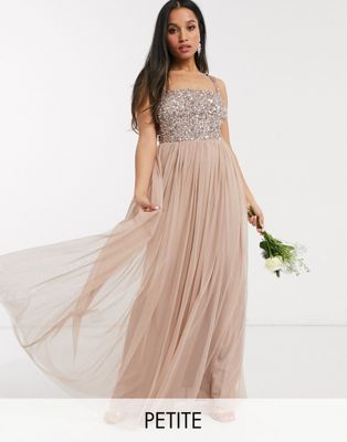 Maya Petite Bridesmaid sleeveless square neck maxi tulle dress with tonal delicate sequin in taupe blush