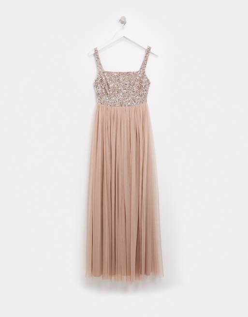 maya petite bridesmaid dress MAYA PETITE Bridesmaid Halterneck Midi Tulle Dress Delicate Sequins Blush  (ass11