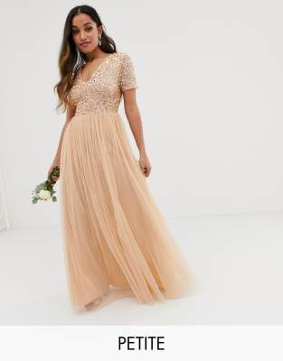 Maya Petite Bridesmaid V neck maxi dress with delicate sequin in soft peach  | ASOS