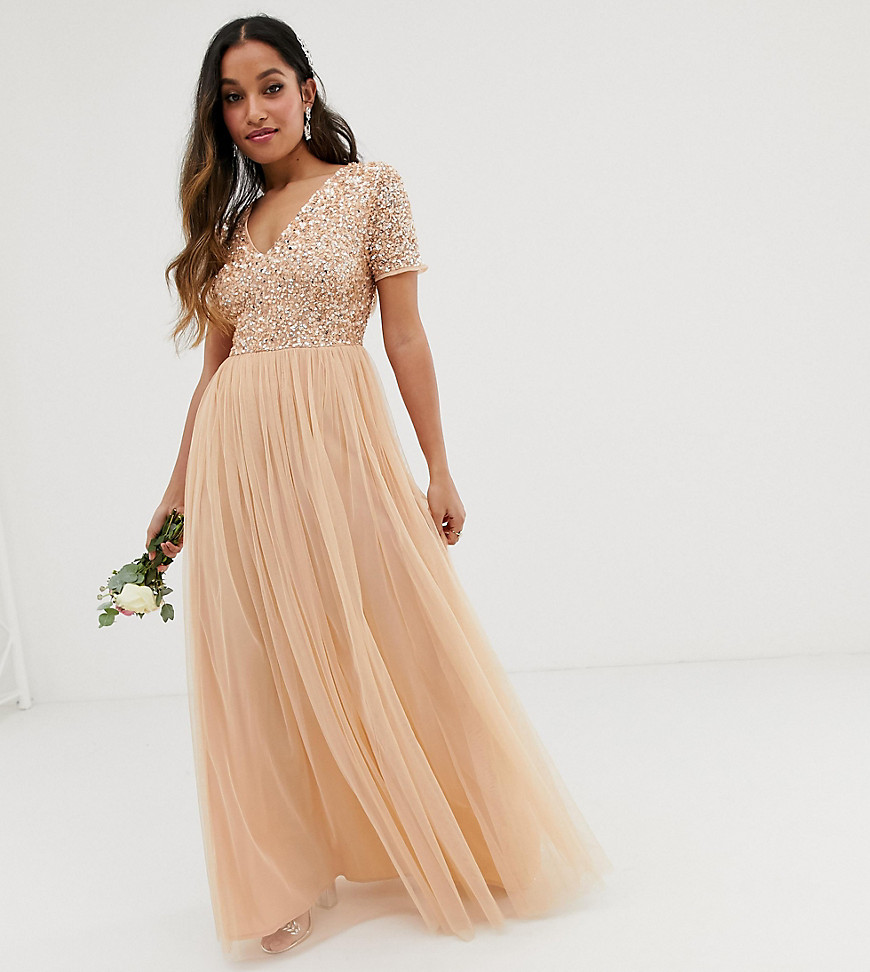 Maya Petite Bridesmaid V neck maxi dress with delicate sequin in soft peach-Pink
