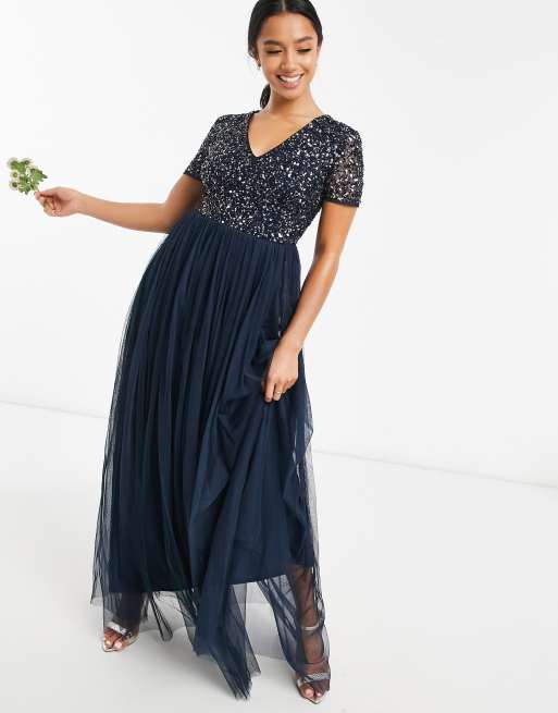 Maya Petite Bridesmaid v neck maxi tulle dress with tonal delicate sequin in navy