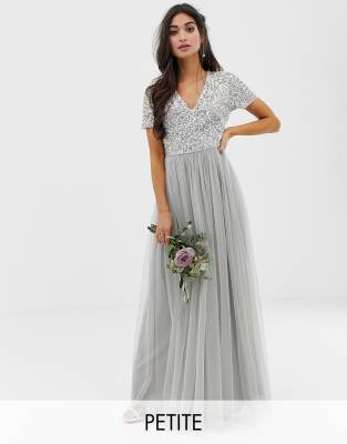 maya bridesmaid v neck maxi tulle dress with tonal delicate sequins