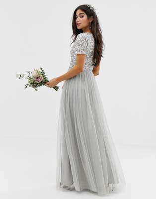 maya v neck maxi tulle dress with tonal delicate sequins