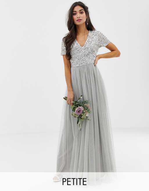  Maya  Petite  Bridesmaid  v neck maxi tulle dress  with tonal 