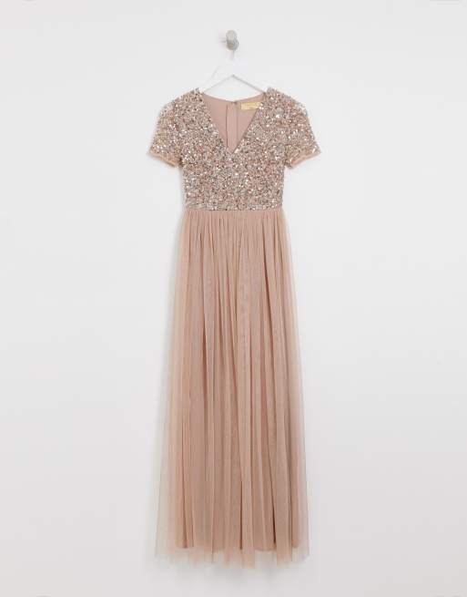 Maya bridesmaid v neck maxi tulle dress shop with tonal delicate sequins in taupe blush