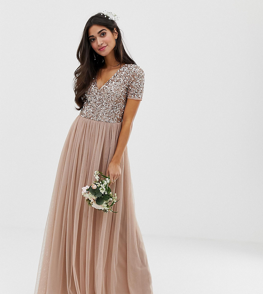 Maya Petite Bridesmaid v neck maxi tulle dress with tonal delicate sequins in taupe blush-Brown