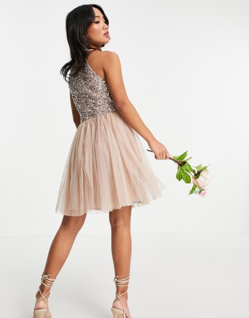 Maya Petite - Brudepiger - Rosa minikjole med halterneck, tonede pailletter og tylnederdel, 2 af 4