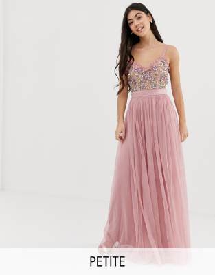 maya cami strap contrast embellished top tulle detail maxi dress in vintage rose