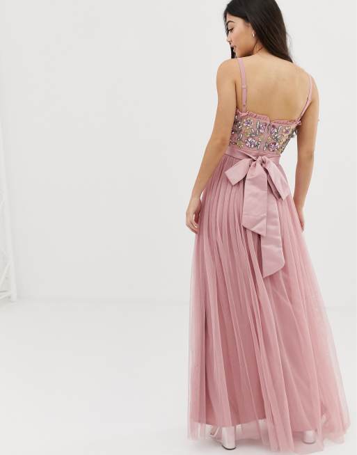 Maya cami strap contrast embellished top tulle detail maxi dress in vintage rose sale