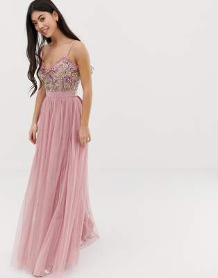 maya cami strap contrast embellished top tulle detail maxi dress in vintage rose