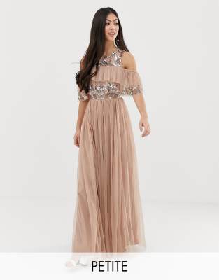 asos design petite tulle maxi dress with delicate floral embroidery and twist straps