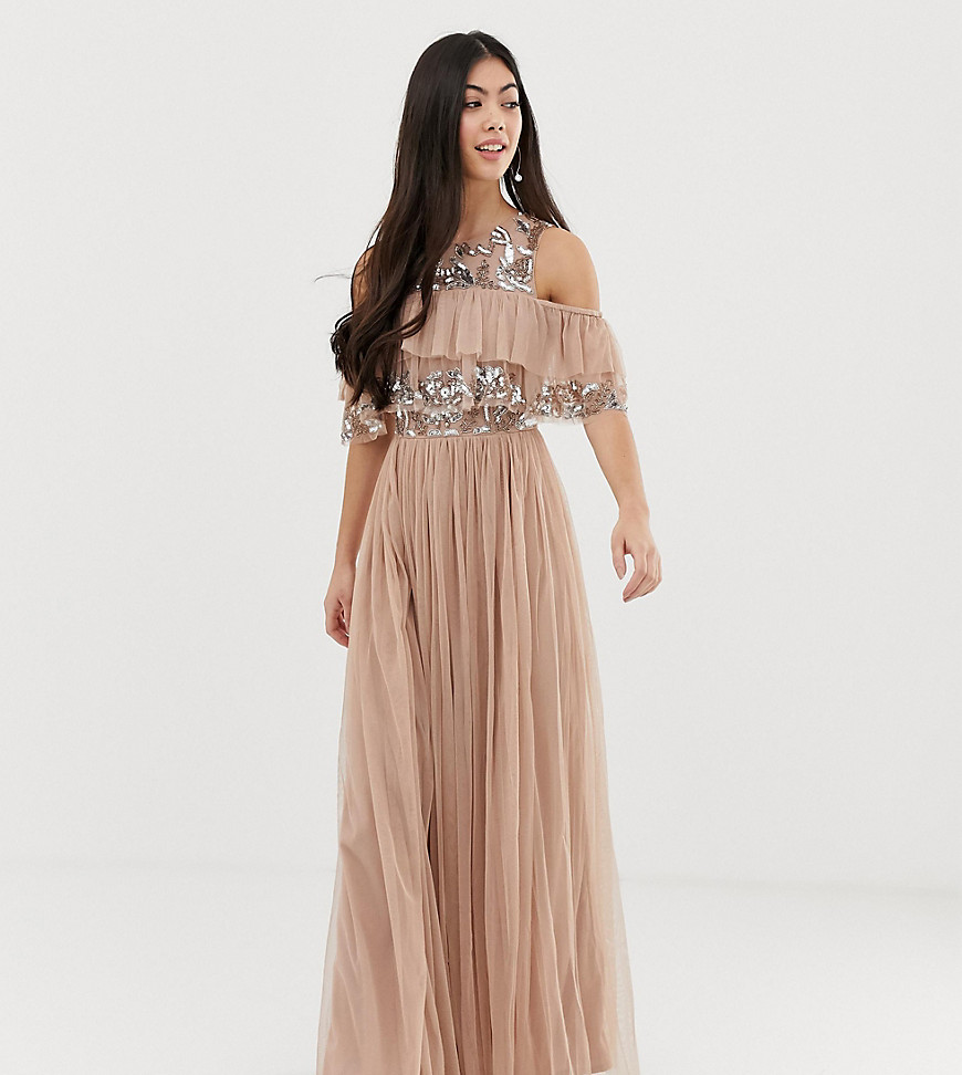 Maya Petite cold shoulder ruffle and sequin detail tulle maxi dress in taupe blush-Brown