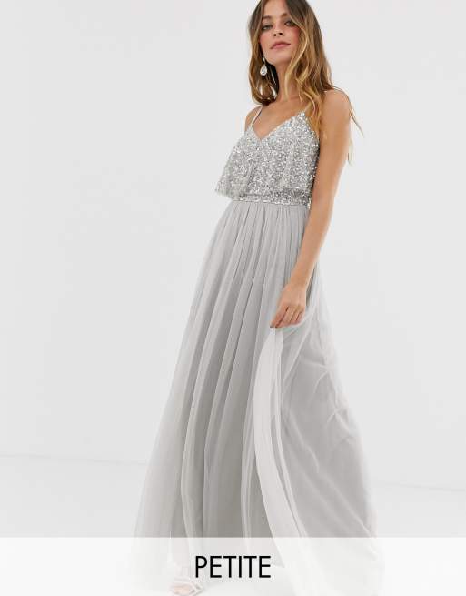 Maya Petite delicate embellished overlay cami maxi dress in silver