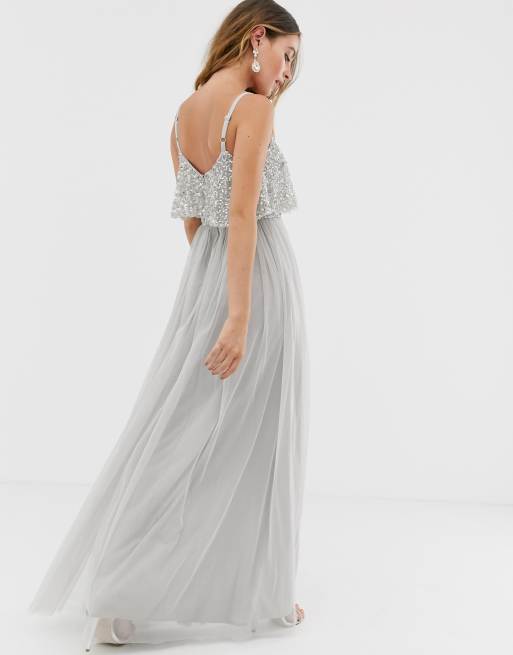 Maya Petite delicate embellished overlay cami maxi dress in silver, 2 of 4