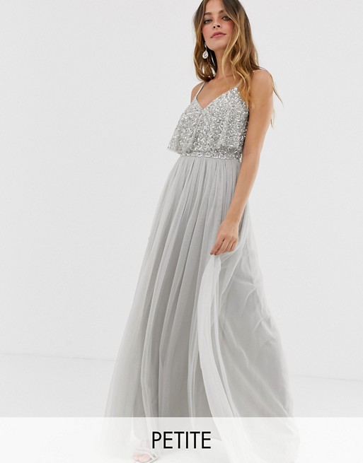 Maya Petite delicate embellished overlay cami maxi dress in silver