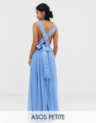 maya delicate sequin bodice maxi dress with cross back bow detail in bluebell