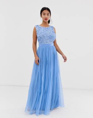 maya delicate sequin bodice maxi dress with cross back bow detail in bluebell