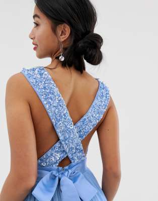 maya delicate sequin bodice maxi dress with cross back bow detail in bluebell