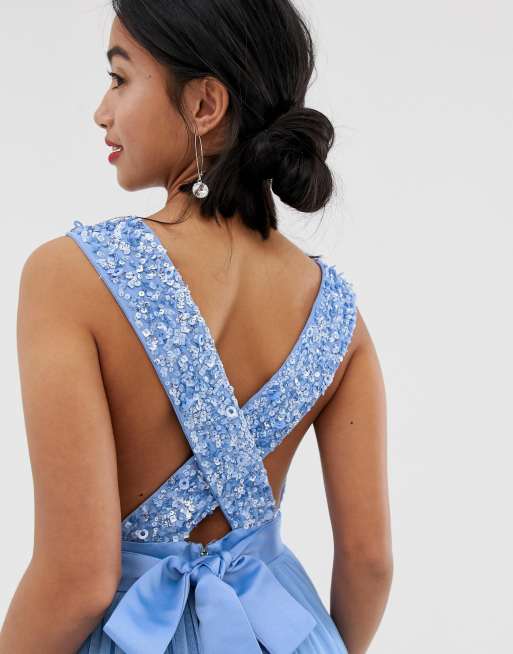 Maya delicate sequin bodice maxi dress store with cross back bow detail in bluebell