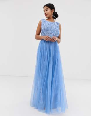 maya delicate sequin bodice maxi dress with cross back bow detail in bluebell