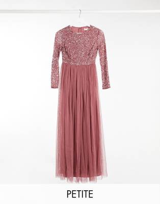 maya petite long sleeve sequin top maxi tulle dress