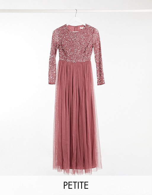 Maya Petite delicate sequin long sleeve maxi dress with tulle skirt in rose