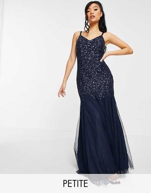 Maya Petite delicate sequin maxi dress with fish tail in navy