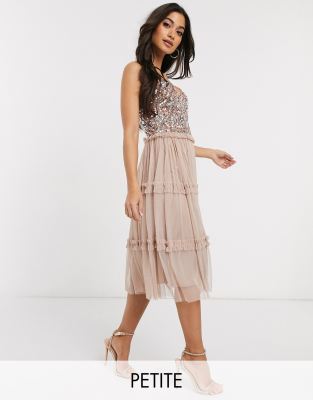 maya delicate sequin tiered midi dress