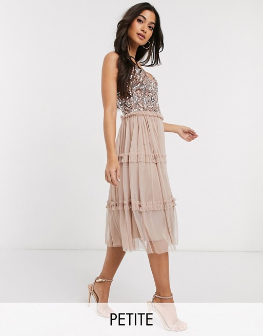 Maya Petite delicate sequin tiered tulle midi dress in taupe blush