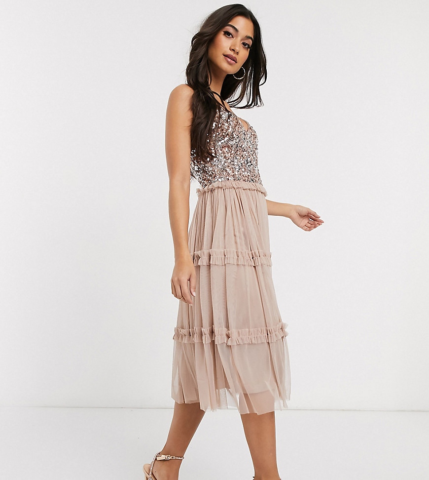 Maya Petite delicate sequin tiered tulle midi dress in taupe blush-Pink