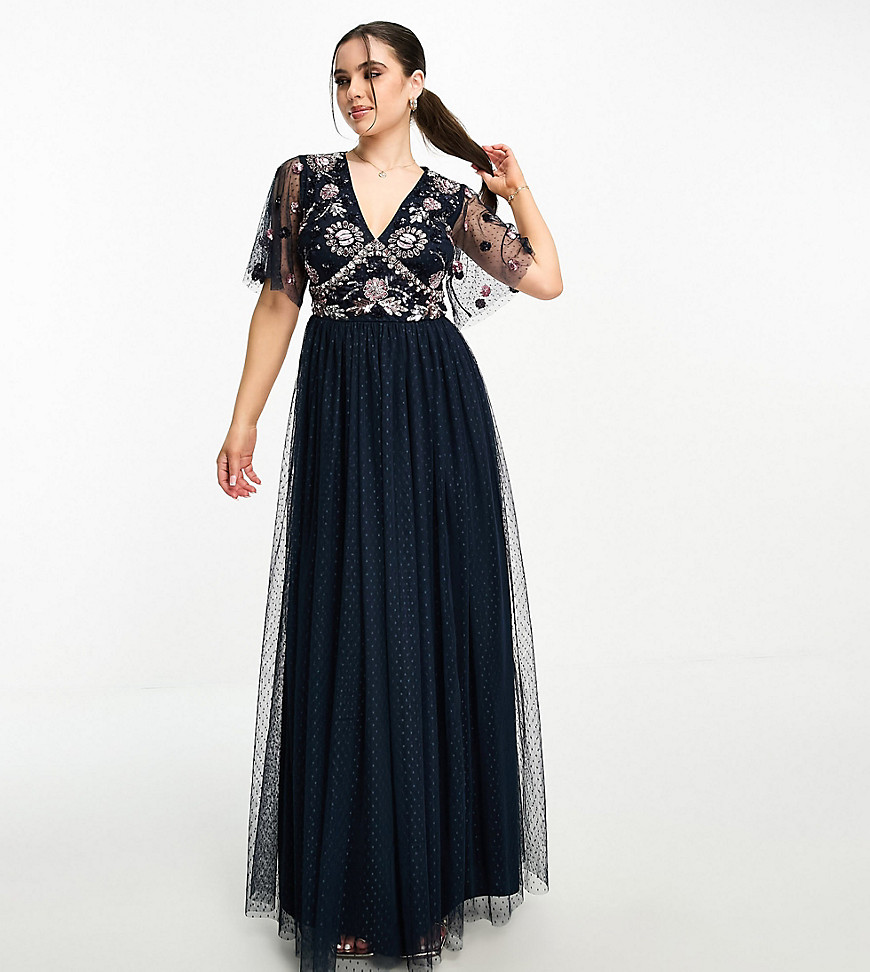 embellished maxi dress with tulle skirt in navy-Blue
