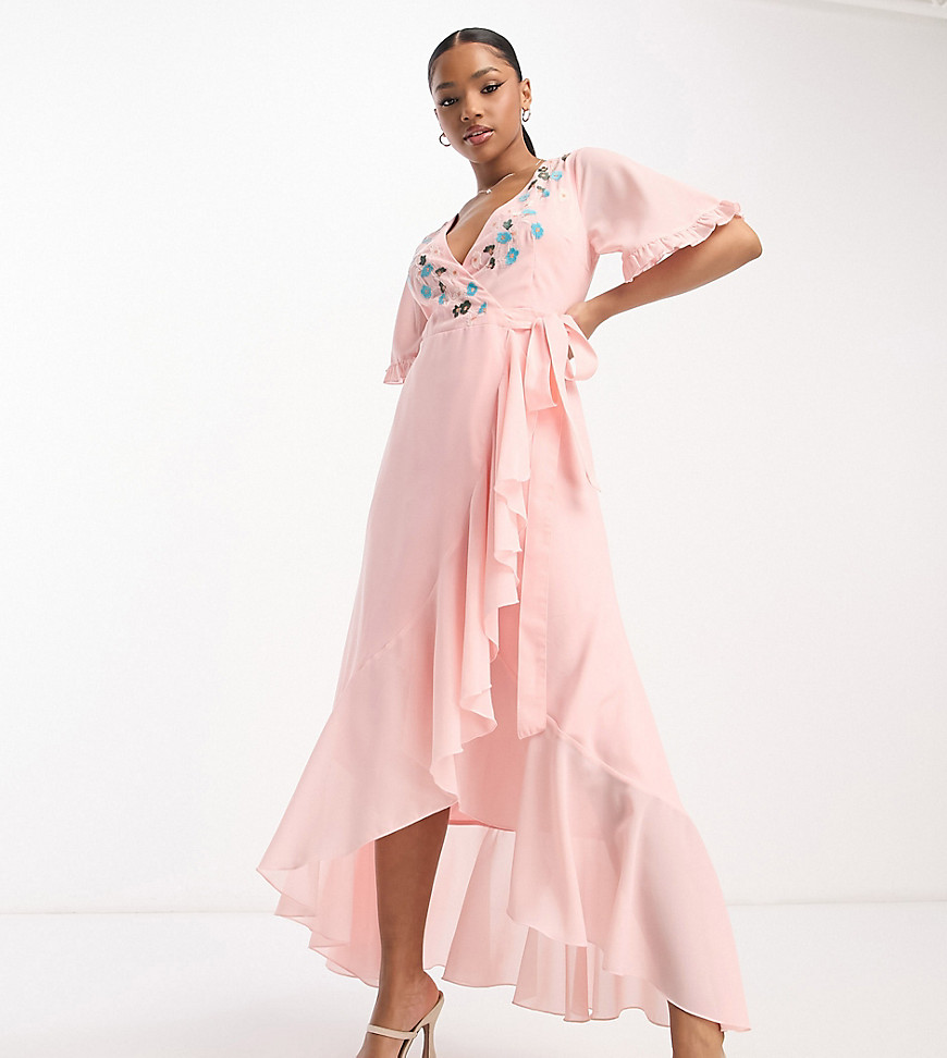 embroidered wrap dress in veiled rose-Pink