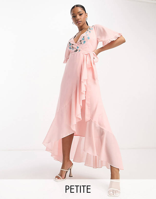 Maya Petite - embroidered wrap dress in veiled rose