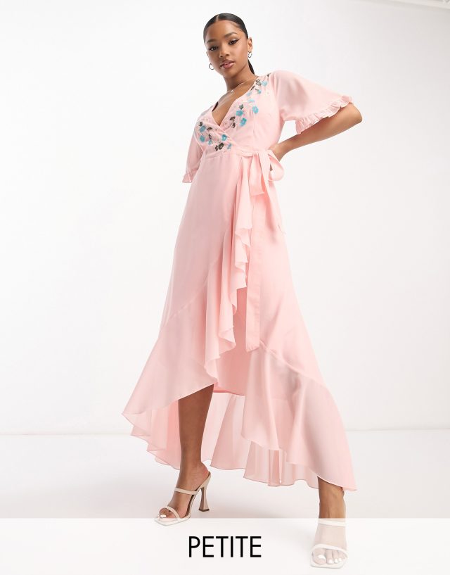 Maya Petite embroidered wrap dress in veiled rose