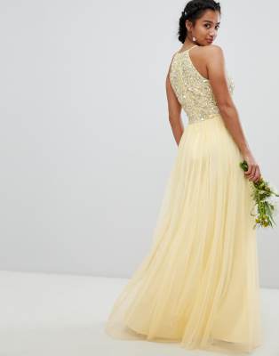 maya halterneck delicate sequin detail tulle maxi dress in lemon