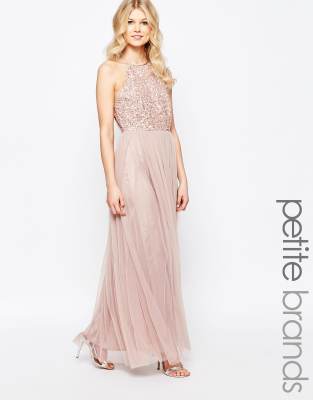 maya deluxe high neck delicate sequin midi dress