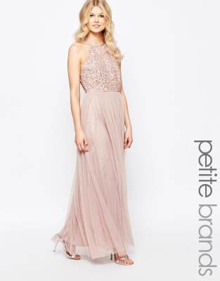 maya high neck maxi tulle dress with tonal delicate sequins