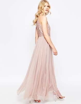 maya deluxe high neck delicate sequin midi dress