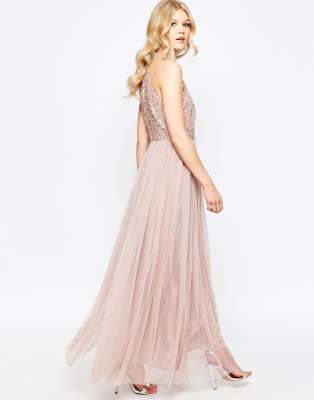 maya high neck maxi tulle dress with tonal delicate sequins