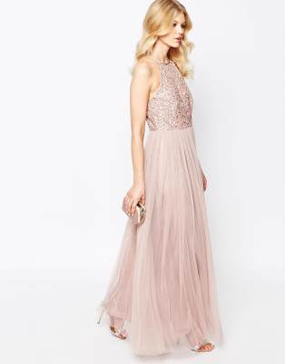 maya high neck maxi tulle dress with tonal delicate sequins