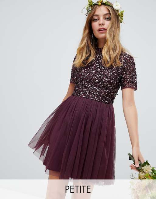 Maya high neck maxi tulle dress store with tonal delicate sequins in berry